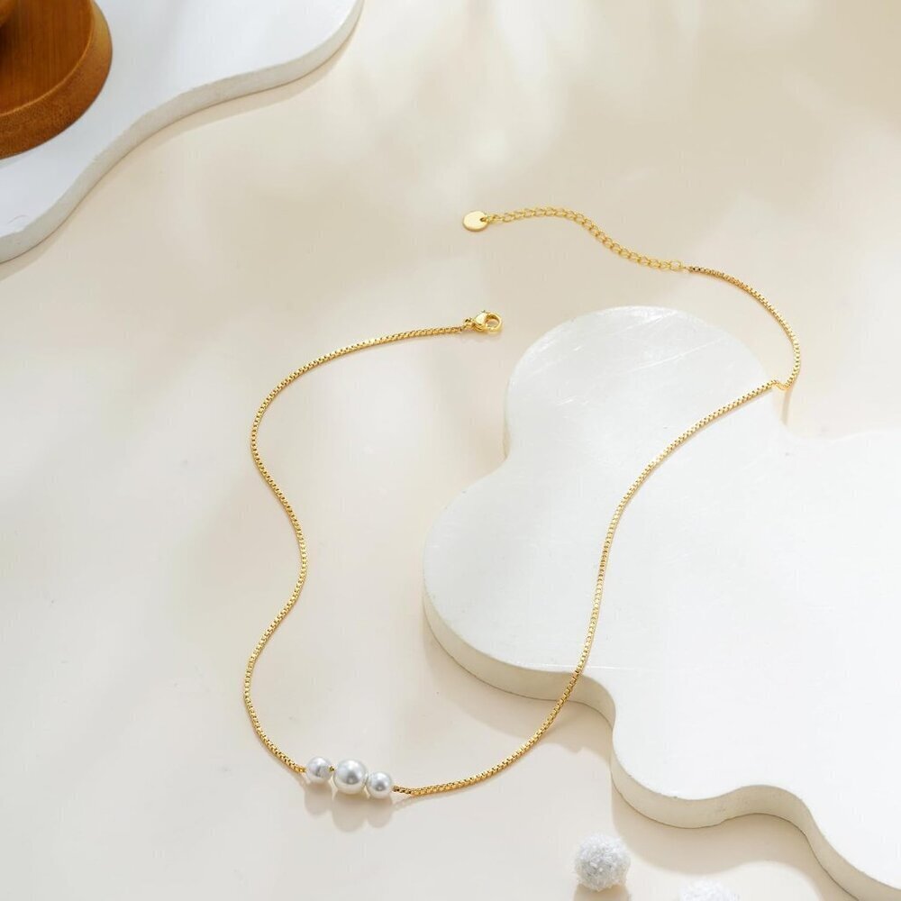 Gold Pearl Necklaces for Women Trendy, 14K Gold Plated Dainty Necklace Simple La - Picture 5 of 7